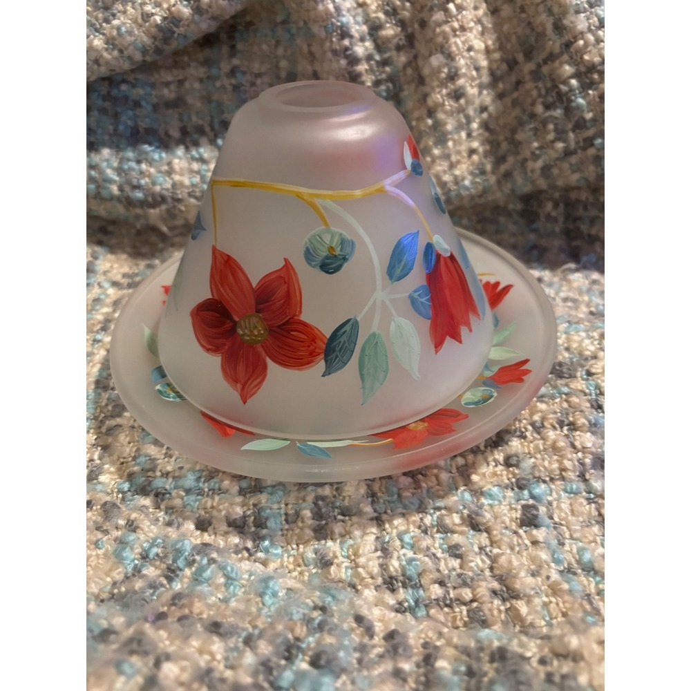 Vintage Frosted Glass Hand Painted Floral Candle Shade and Plate Set Red Blue